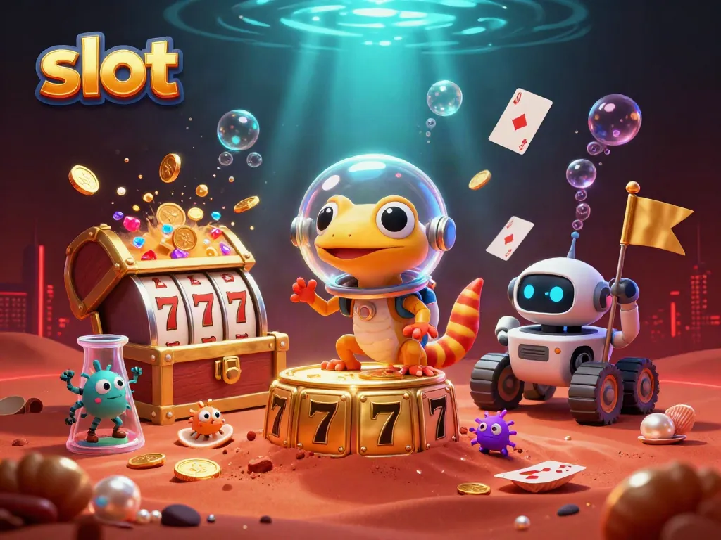 Bermain slot di kasino yang tersembunyi di Mars dengan simbol keberuntungan dan karakter unik.