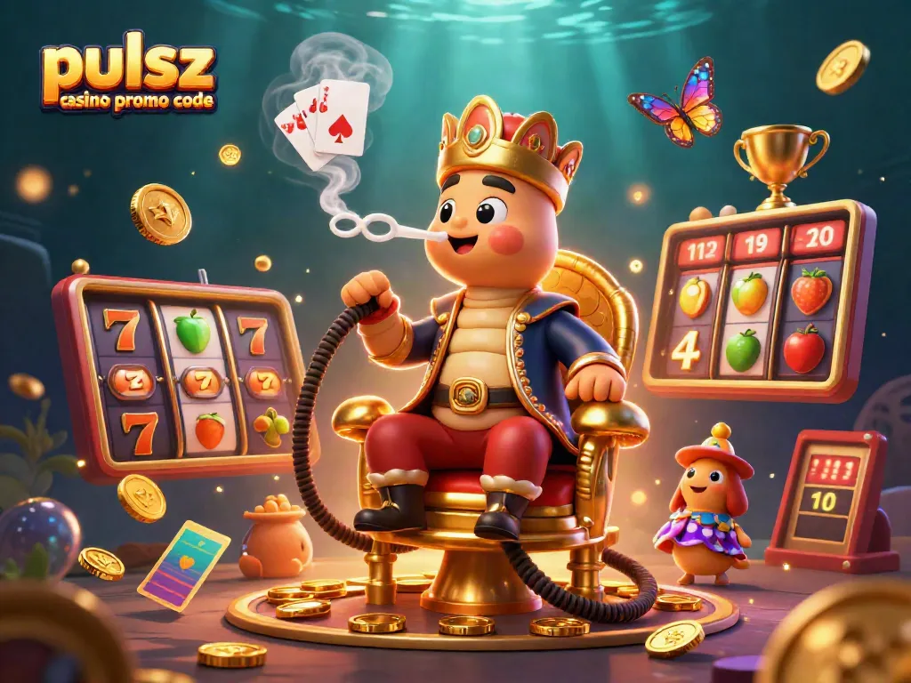 Pulsz casino promo code scene showcasing vibrant slot reels and a whimsical character.