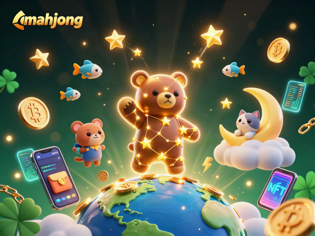 Engage in mahjong with an exciting 3D casino scene filled with animated characters and crypto elements.