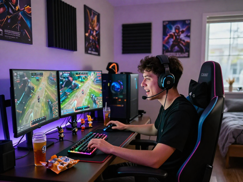 Player immersed in lavowin gameplay, dynamic gaming setup with dual monitors and RGB lighting.