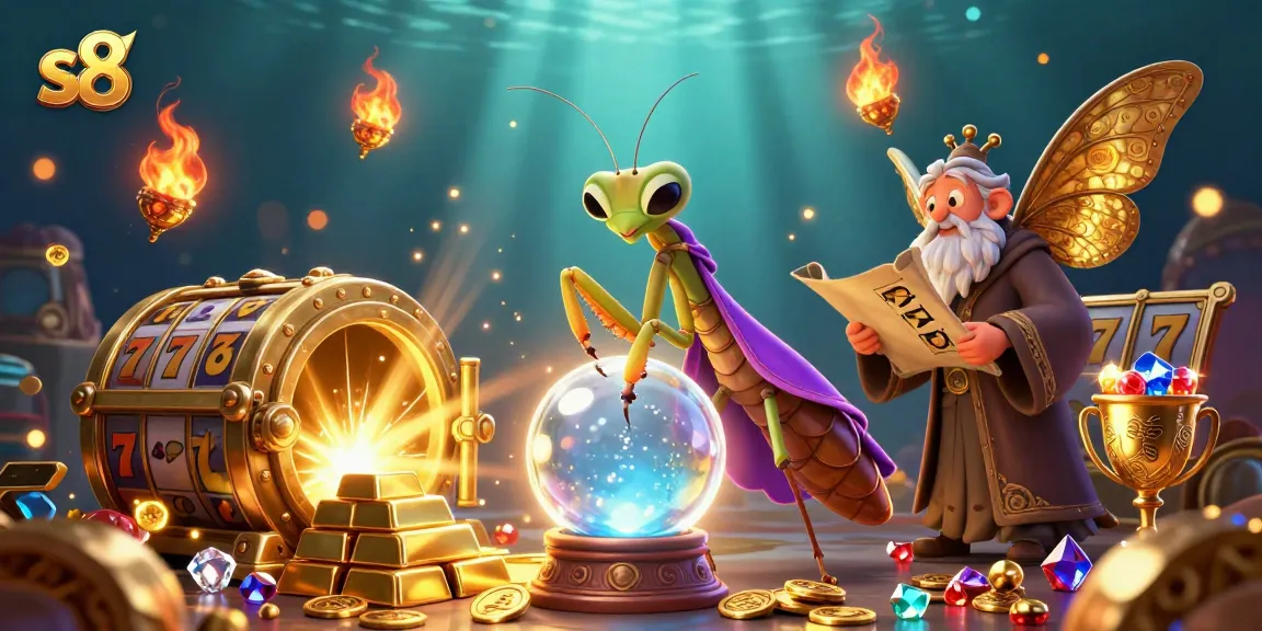 Experience the excitement of s8 with vibrant slot reels and a mystical scene full of treasures.