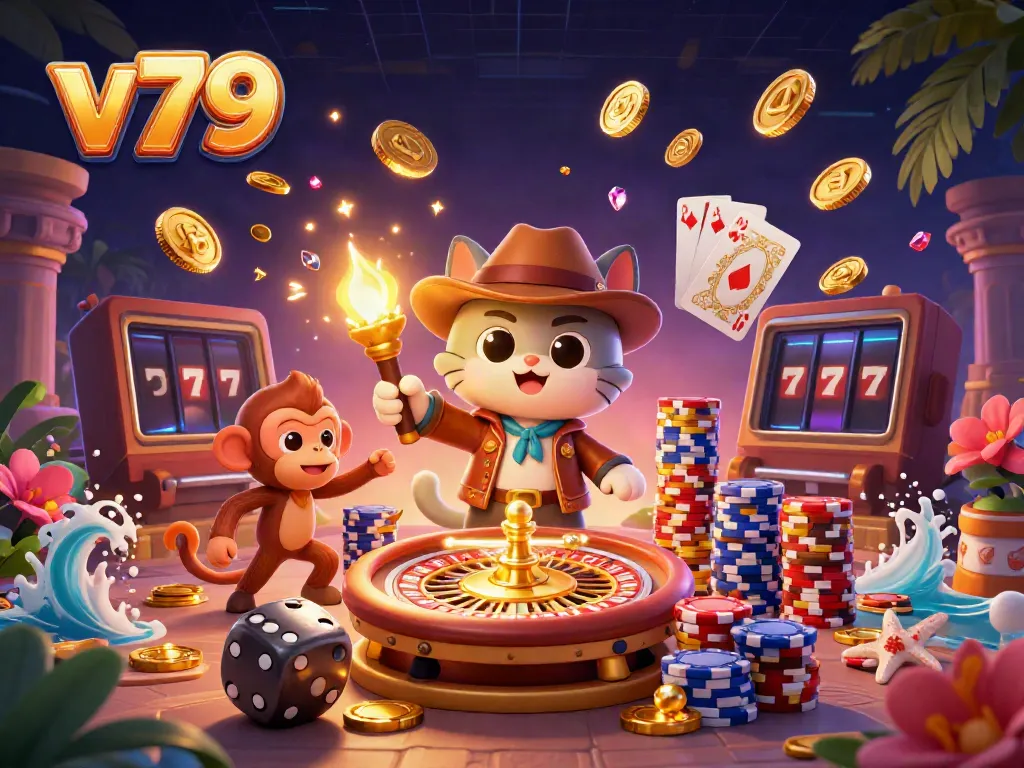 Experience the thrill at v79, featuring a 3D explorer and treasures amidst dynamic casino elements.