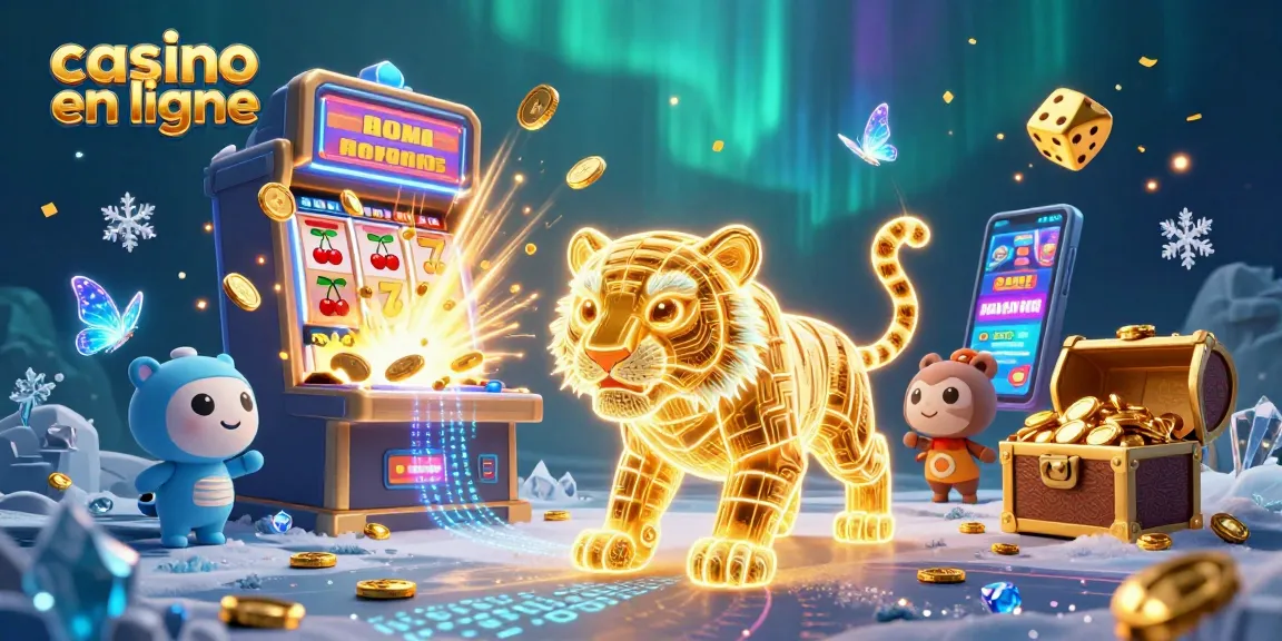 Jouez à des jeux de casino en ligne avec un tigre en fil lumineux et des symboles gagnants.