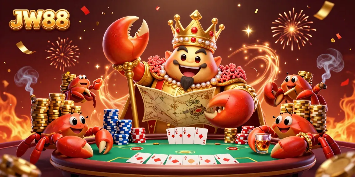 Experience thrilling gameplay with JW88’s dynamic 3D scene featuring a golden crab emperor and poker elements.