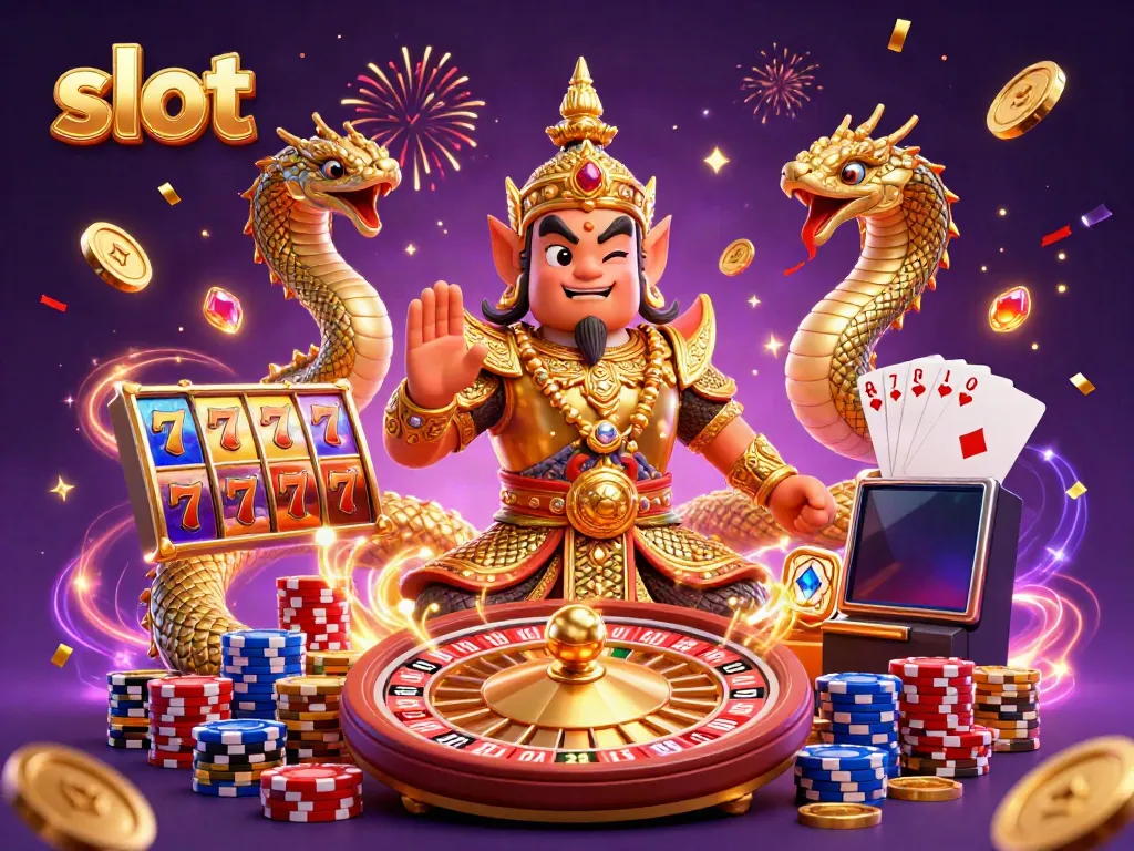 Bermain slot dengan penjaga kuil Thailand dan naga, dikelilingi oleh koin emas dan efek cahaya.