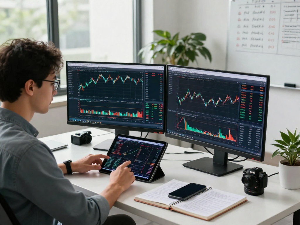 交易者在现代工作空间使用metatrader 5进行交易分析，屏幕中显示市场图表和经济新闻。