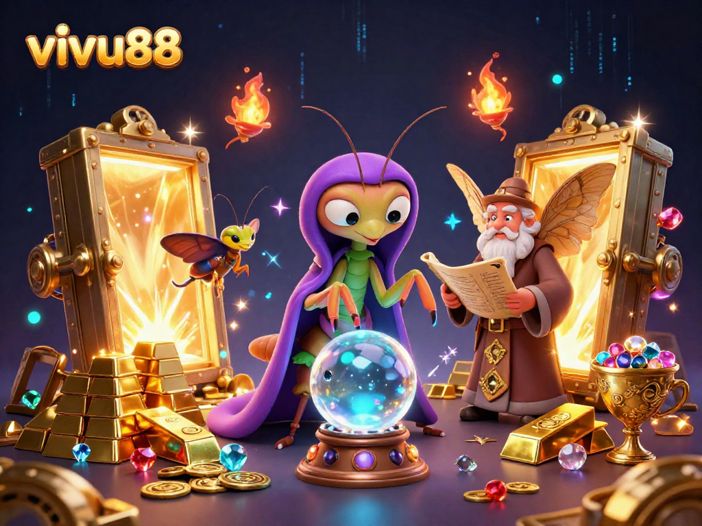 Experience thrilling gameplay at vivu88 with vibrant 3D illustrations of fortune tellers and treasures.