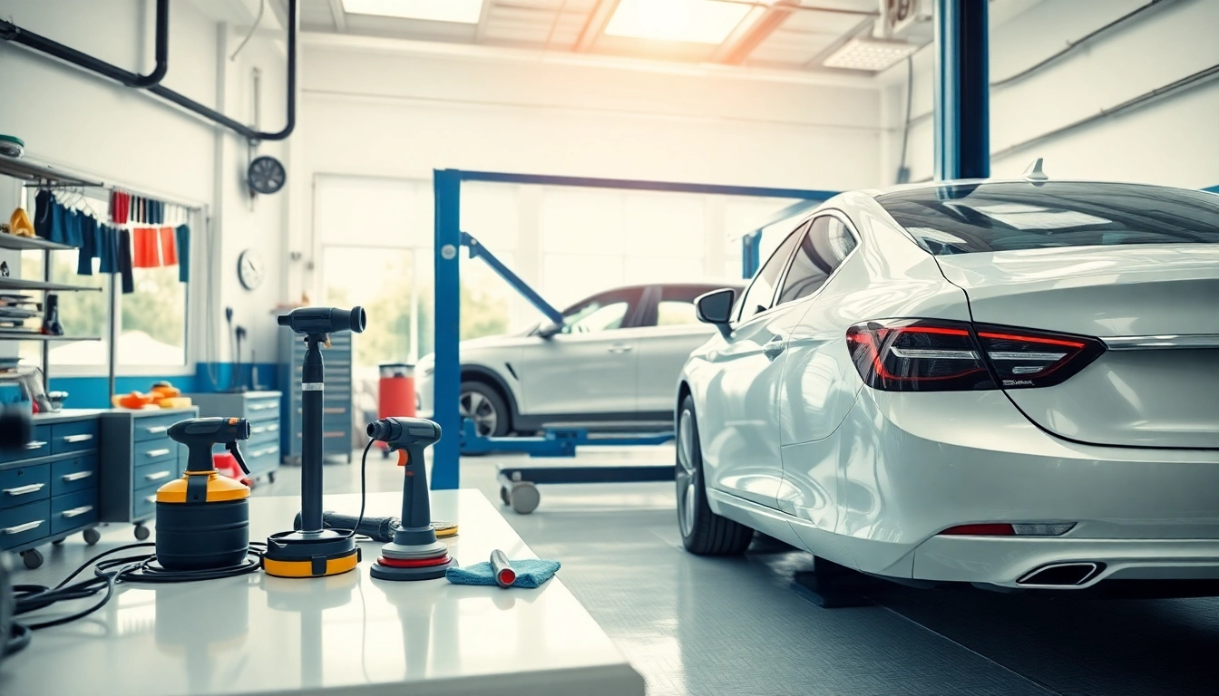Implementing a car detailing routine step by step, showing tools and a polished vehicle in a clean workspace.