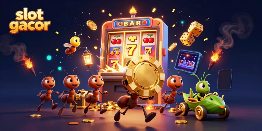Experience slot gacor action with cartoon ants and a jackpot explosion in an engaging 3D scene.