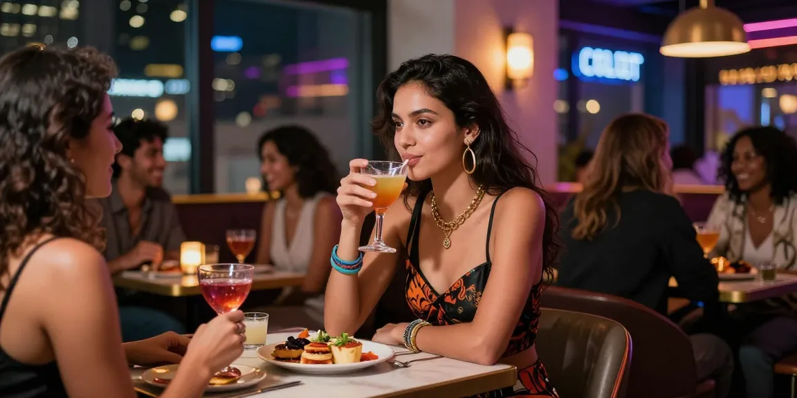 Gái gọi trong không gian vui nhộn của quán bar thành phố, áo quần thời thượng với cocktail đầy màu sắc.