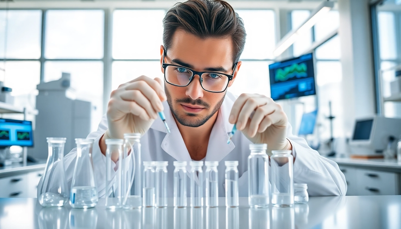 Researching peptides with Voltera in a modern laboratory filled with advanced lab equipment.