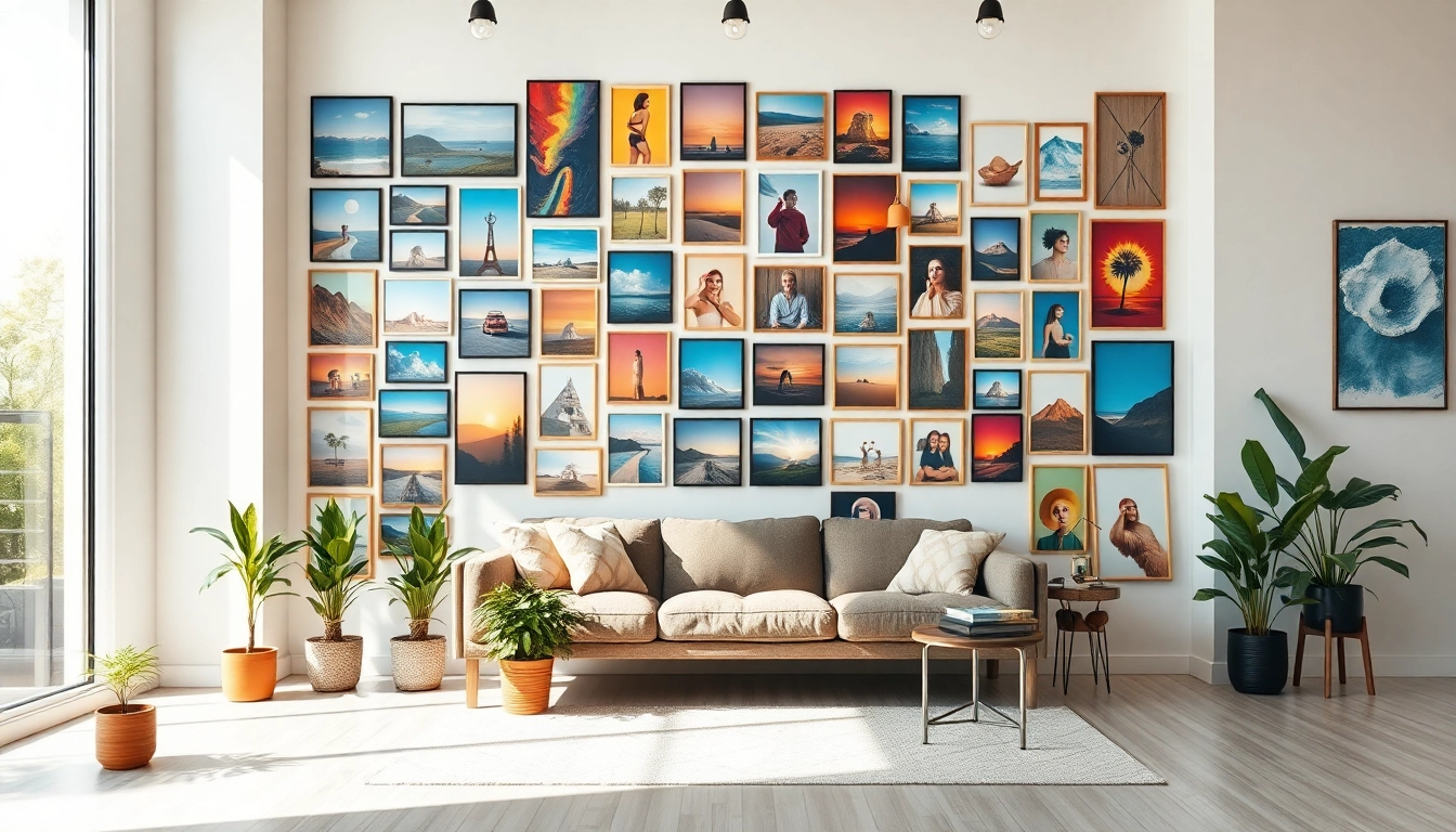 Aesthetic photo wall display showcasing a mix of images and artwork in a cozy living space.