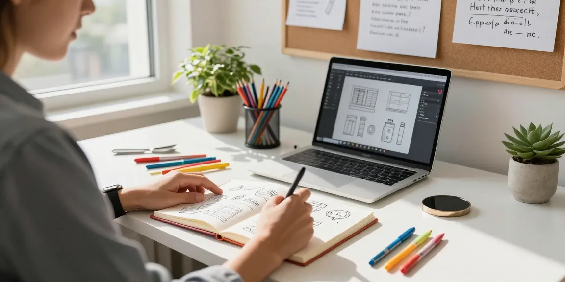 Creating in a custom printed notebook at a vibrant workspace.