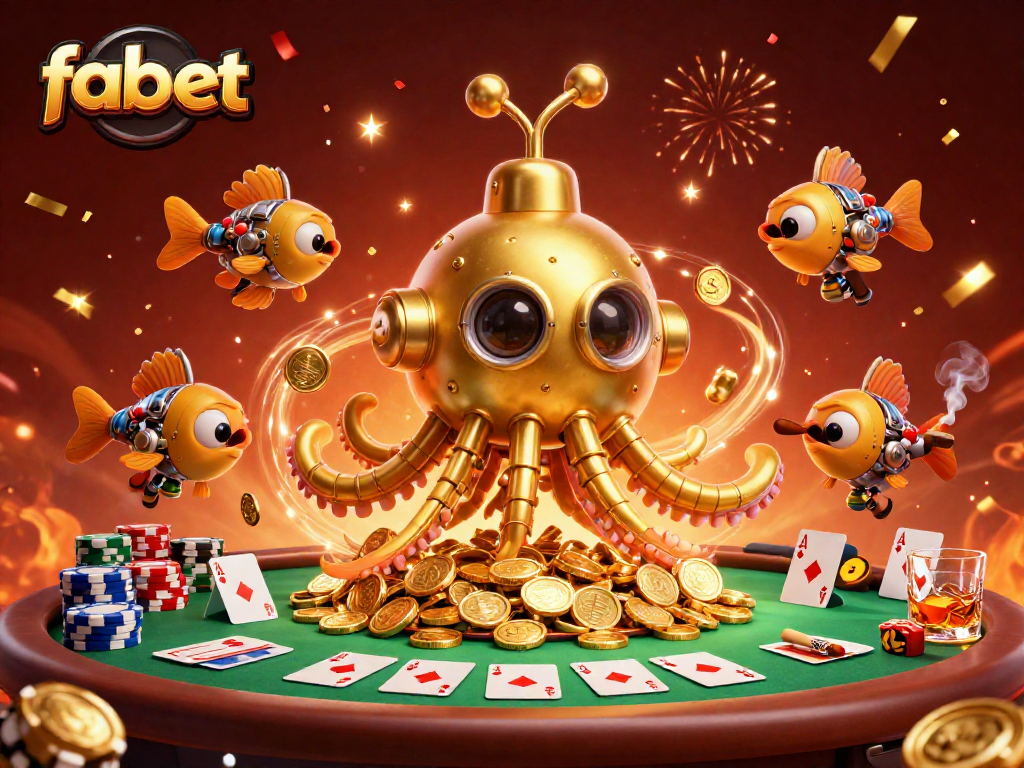 Experience thrilling poker gameplay with fabet's golden kraken submarine amidst a treasure of coins.