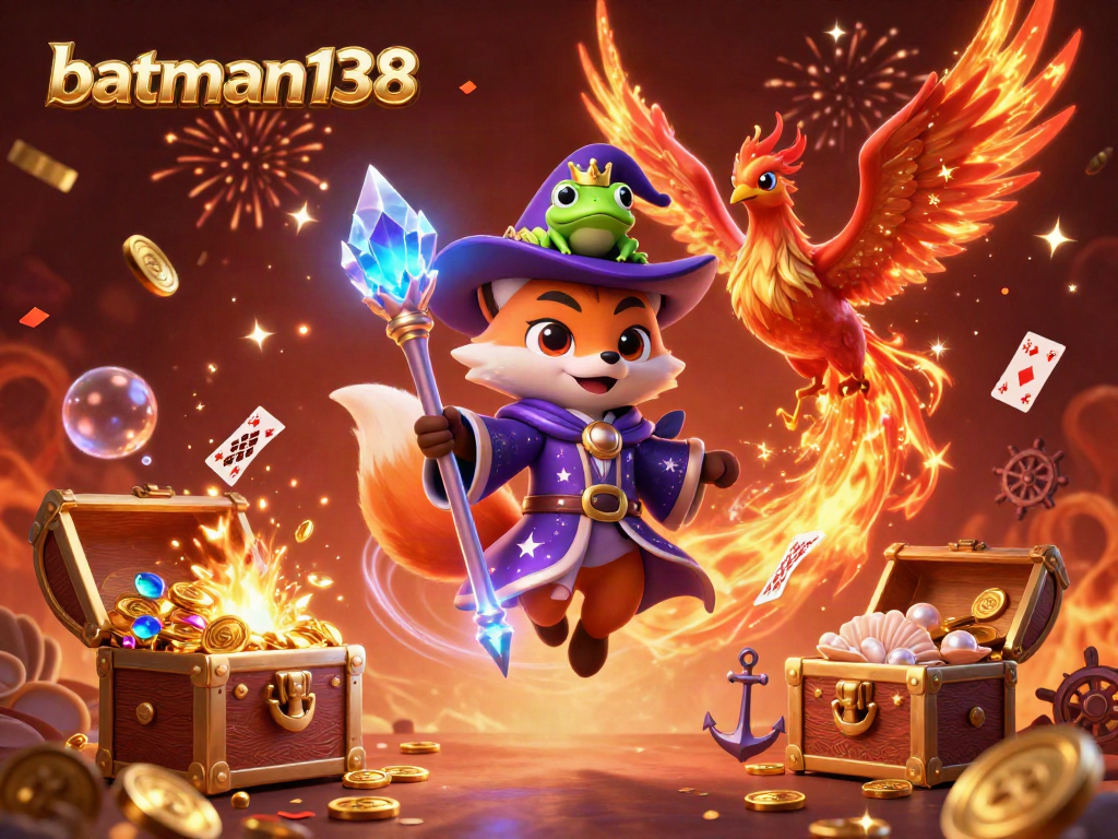 Experience wins at batman138 with thrilling 3D casino illustration featuring magical creatures and vibrant elements.
