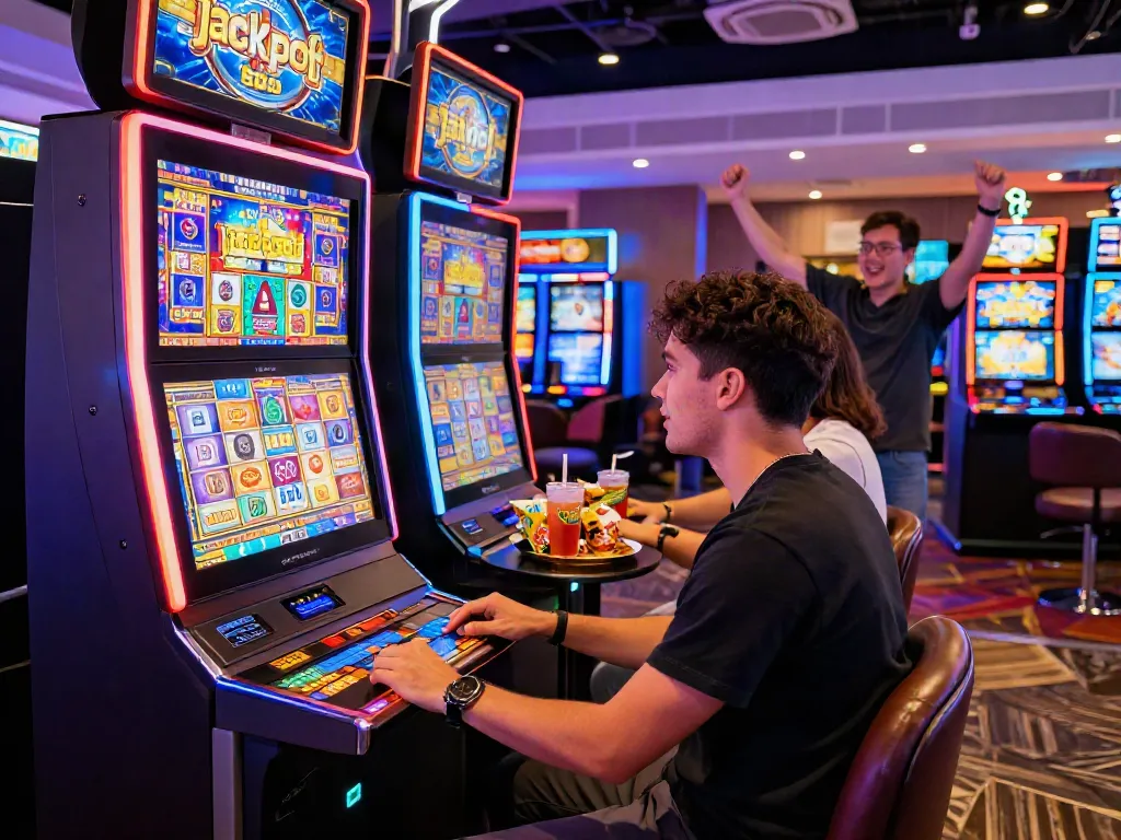 Engaged player at a slot gacor machine in a vibrant casino environment, celebrating a jackpot.