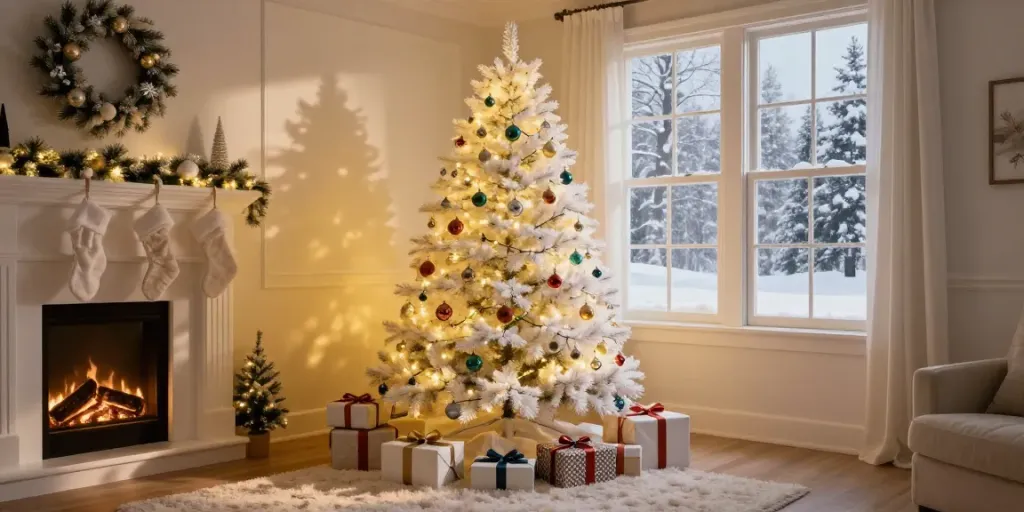 Beautiful white artificial Christmas tree illuminated with lights in a cozy living room setting