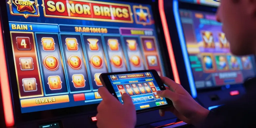 Pengguna bermain slot online dengan perangkat mobile, dikelilingi grafik cerah dan simbol jackpot yang menggembirakan.