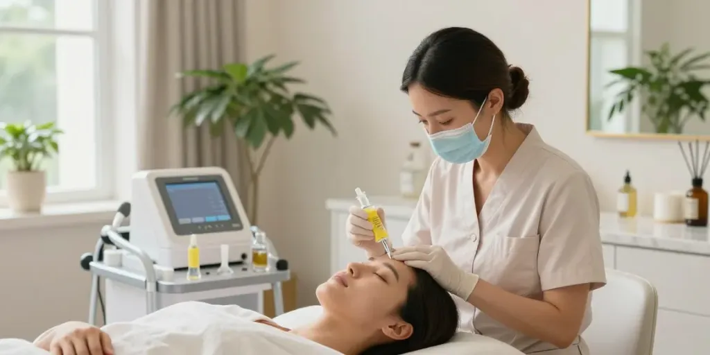 Lemon bottle peptide injection demonstration in a tranquil spa setting.