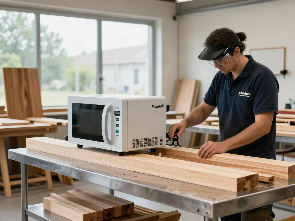 SHASHEL® microwave wood treatment technology in a modern workshop setting.