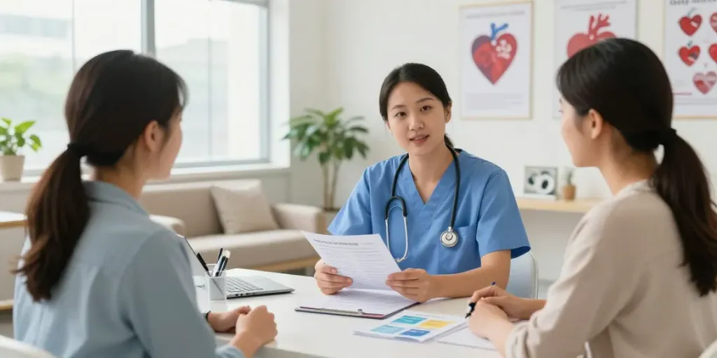 Heart failure treatment UAE consultation in a warm clinic environment with a healthcare professional and patient.
