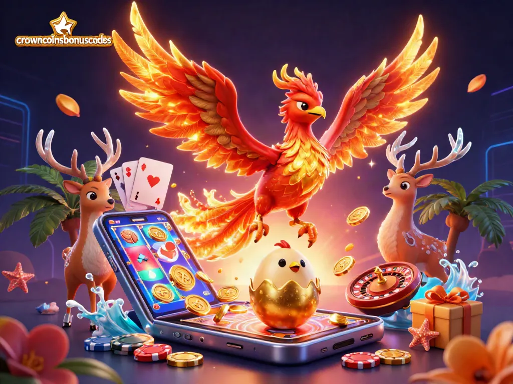 Win big at crowncoinsbonuscodes with dynamic gaming elements in this vibrant 3D illustration.