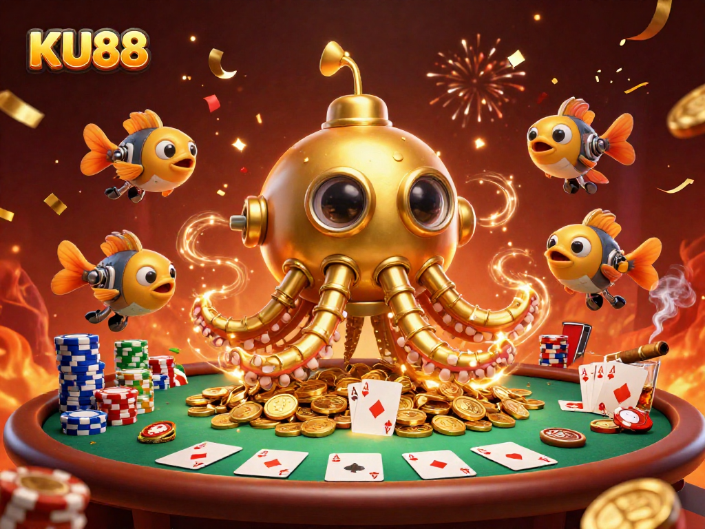 Experience the thrill of gaming with KU88, featuring a submarine kraken and poker elements.