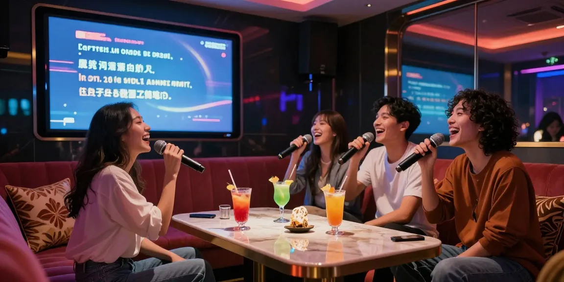 인천쓰리노에서 즐거운 시간을 보내는 친구들, 화려한 조명 아래에서 노래와 음료를 즐기는 모습