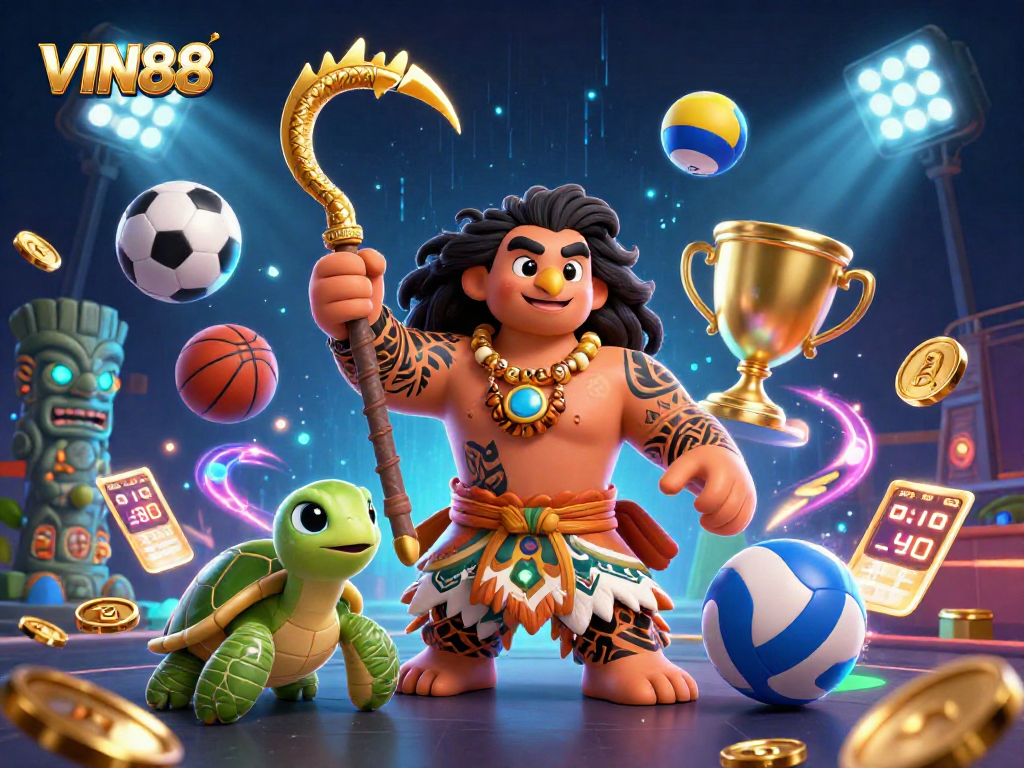 VIN88 showcases a thrilling casino scene with dynamic sports elements and stunning visuals.