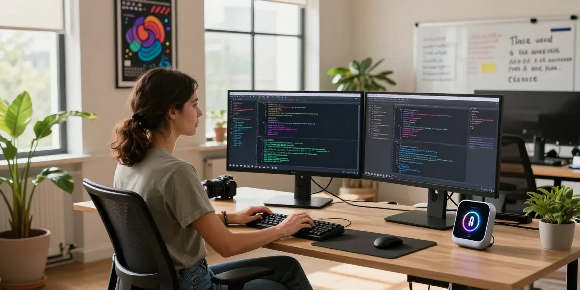 Software developer coding in a vibrant workspace, showcasing bdtjl technology in action, modern design with inspiring elements.