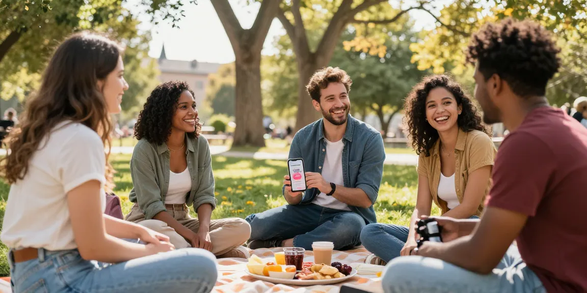 Individuals connecting in a park, showcasing the HundRoses app and genuine interactions.
