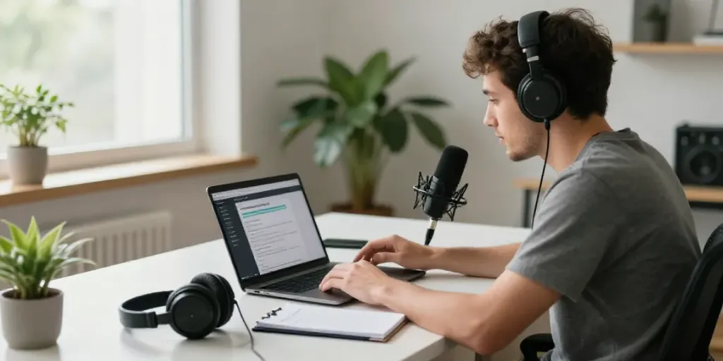 Affordable AI podcast transcription tools in a creative studio workspace with audio equipment.