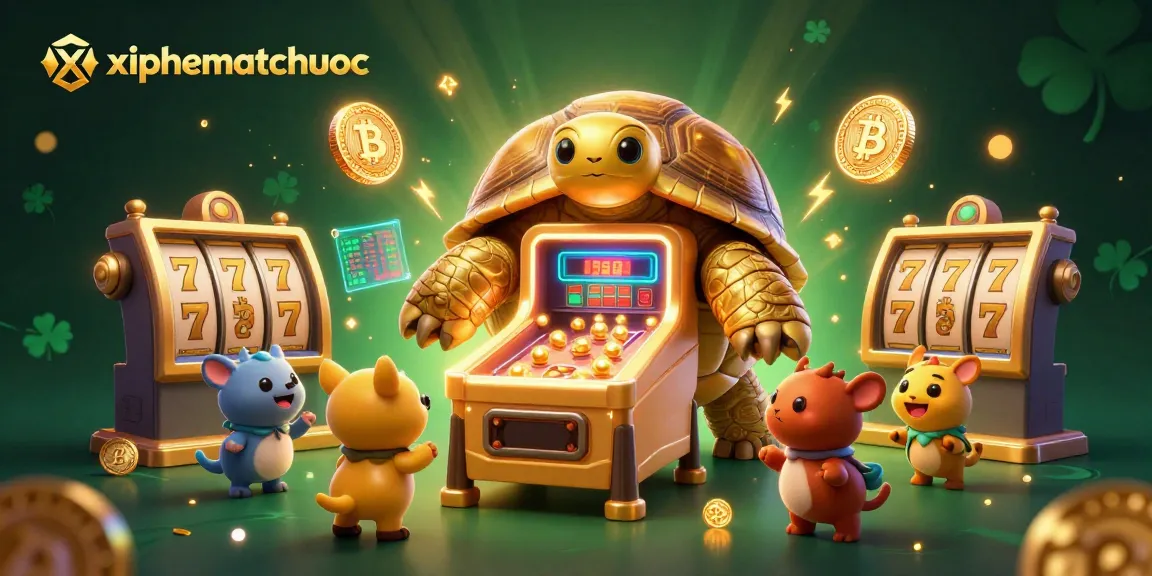 Play and win with xiphematchuoc in this vibrant scene featuring a golden tortoise pinball machine surrounded by casino elements.