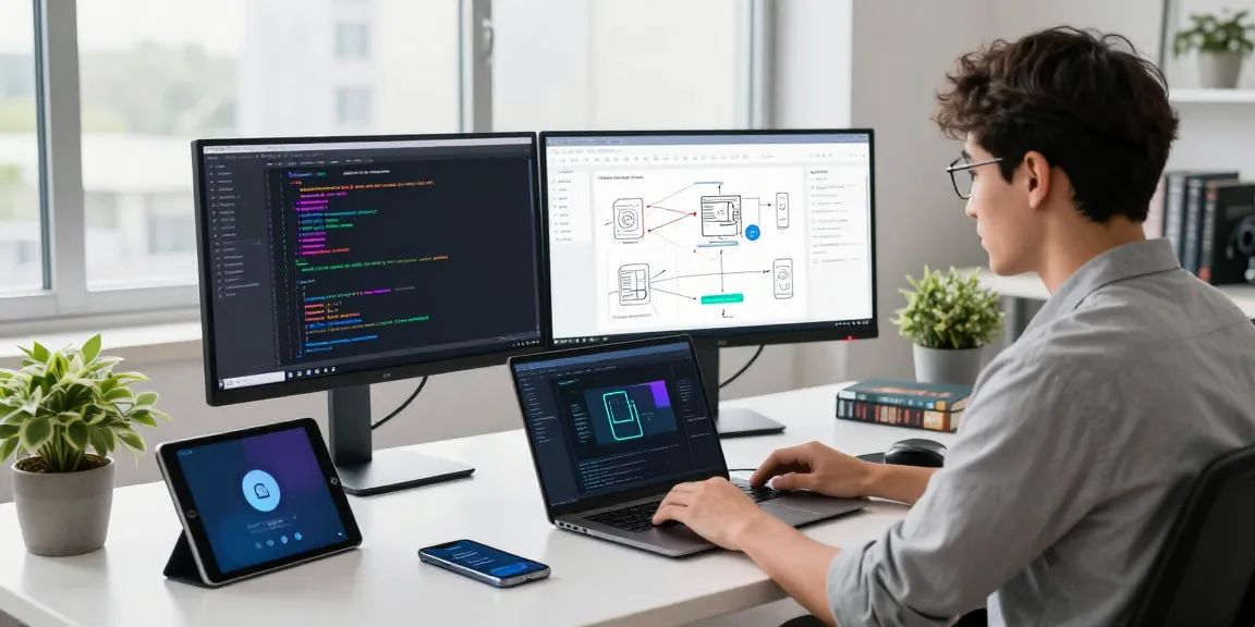 Build internal tools with AI in a modern workspace featuring a developer coding and managing projects, bright and organized.