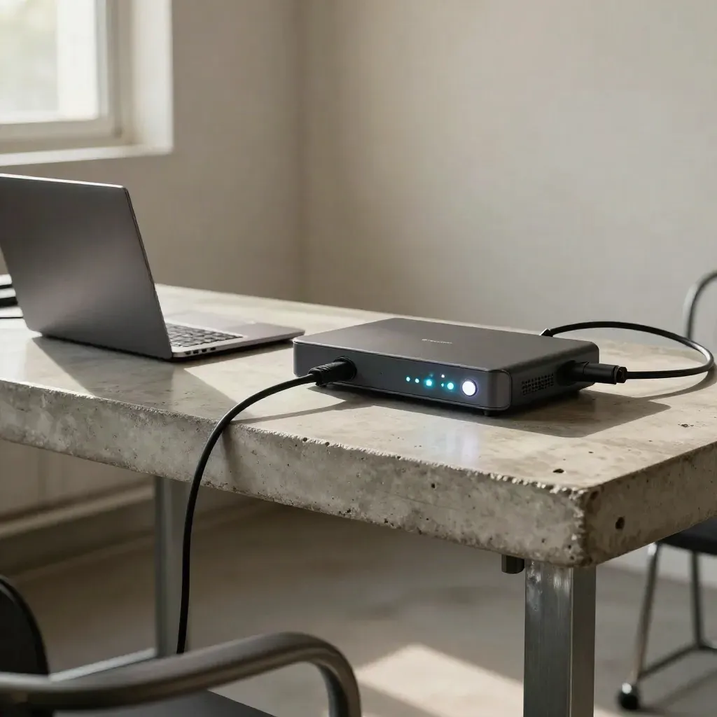 Closed laptop and automation hub with braided cables and synced LEDs on a concrete workbench.