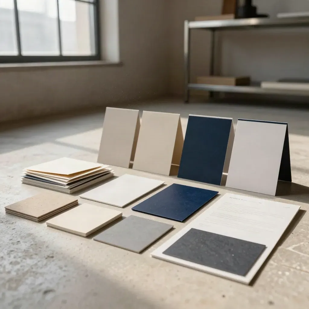 Brand audit materials on a loft floor with sample cards, packaging shells, and an identity board.