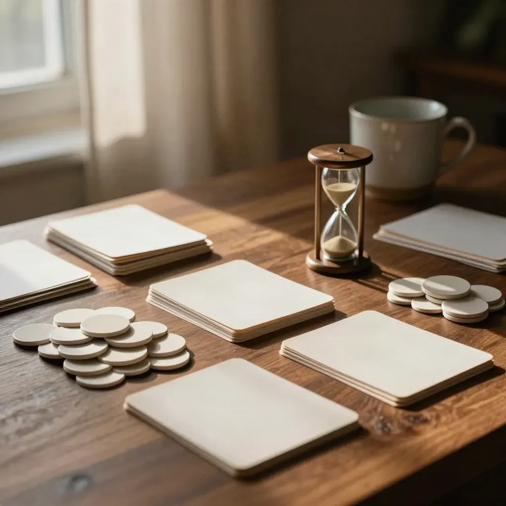 Ceramic tokens, stacked cards and a sand timer on a walnut table in warm window light.