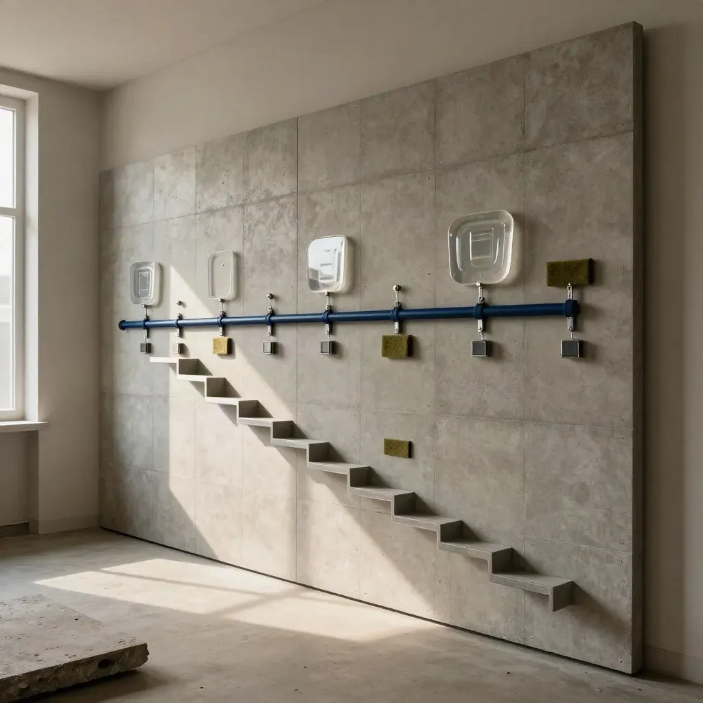 Concrete roadmap wall of modular blocks and prototype forms in dramatic side light.