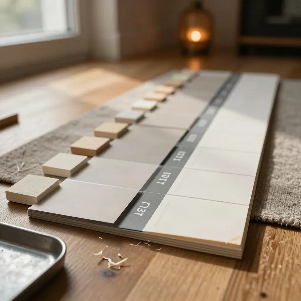 Macro of stacked launch cards and floor markers in a warm, tidy workspace