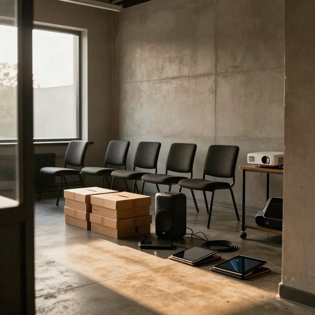Empty agency training room with reset chairs, stacked demo kits and unplugged presentation gear