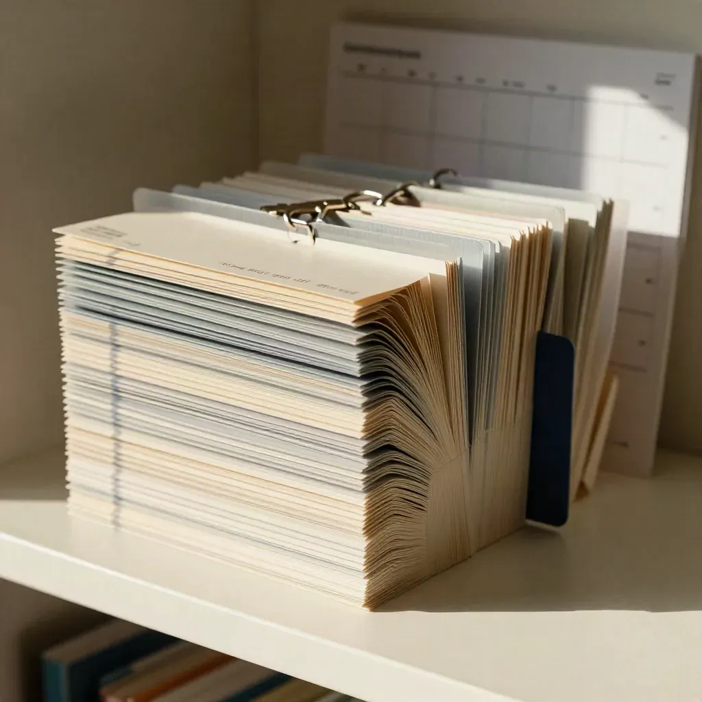 Color-tab archive and monthly planning cards on a cream shelf, lit in dramatic side light.