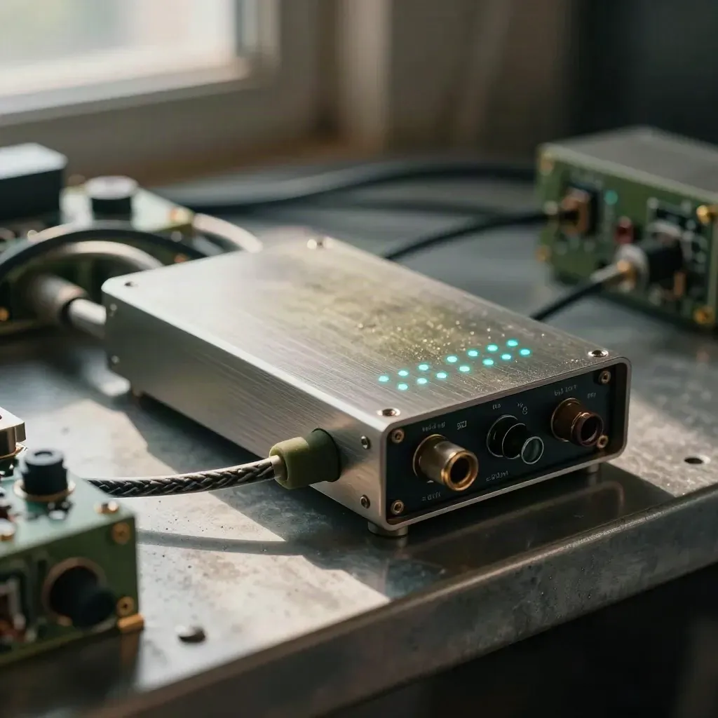 Close-up of an automation hub with braided cables, brushed metal dock, and glowing LEDs.