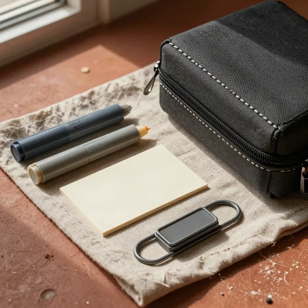 Workshop kit on linen with marker caps, cue cards, clips and a folded speaker case, softly lit from above.