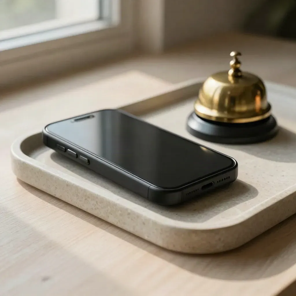 Phone cradle, headset case and brass bell on a stone tray in soft side light.