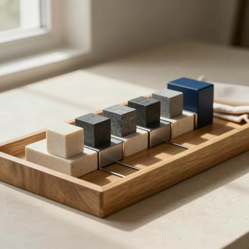 Oak tray with planning blocks, date cubes, and dividers on a stone surface
