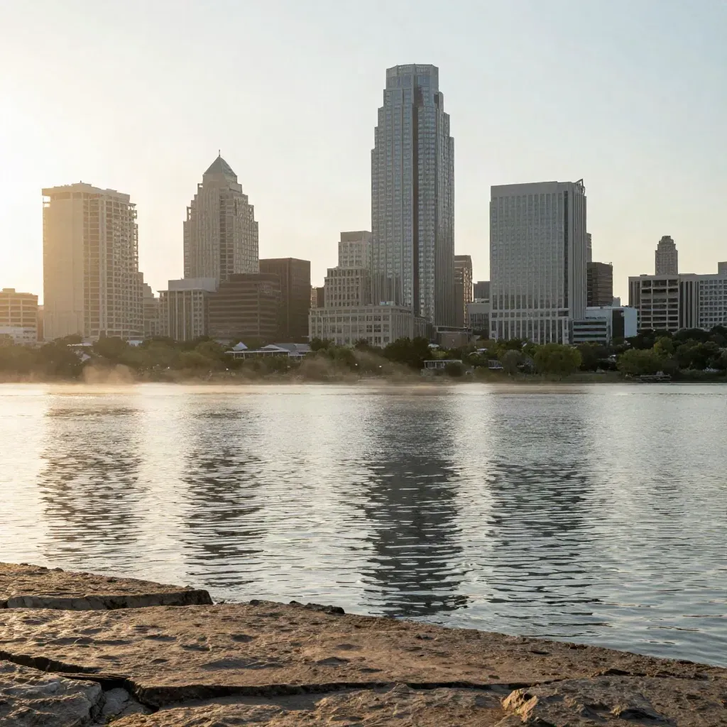 Austin skyline above Lady Bird Lake in warm summer haze, with calm open water and sky below.