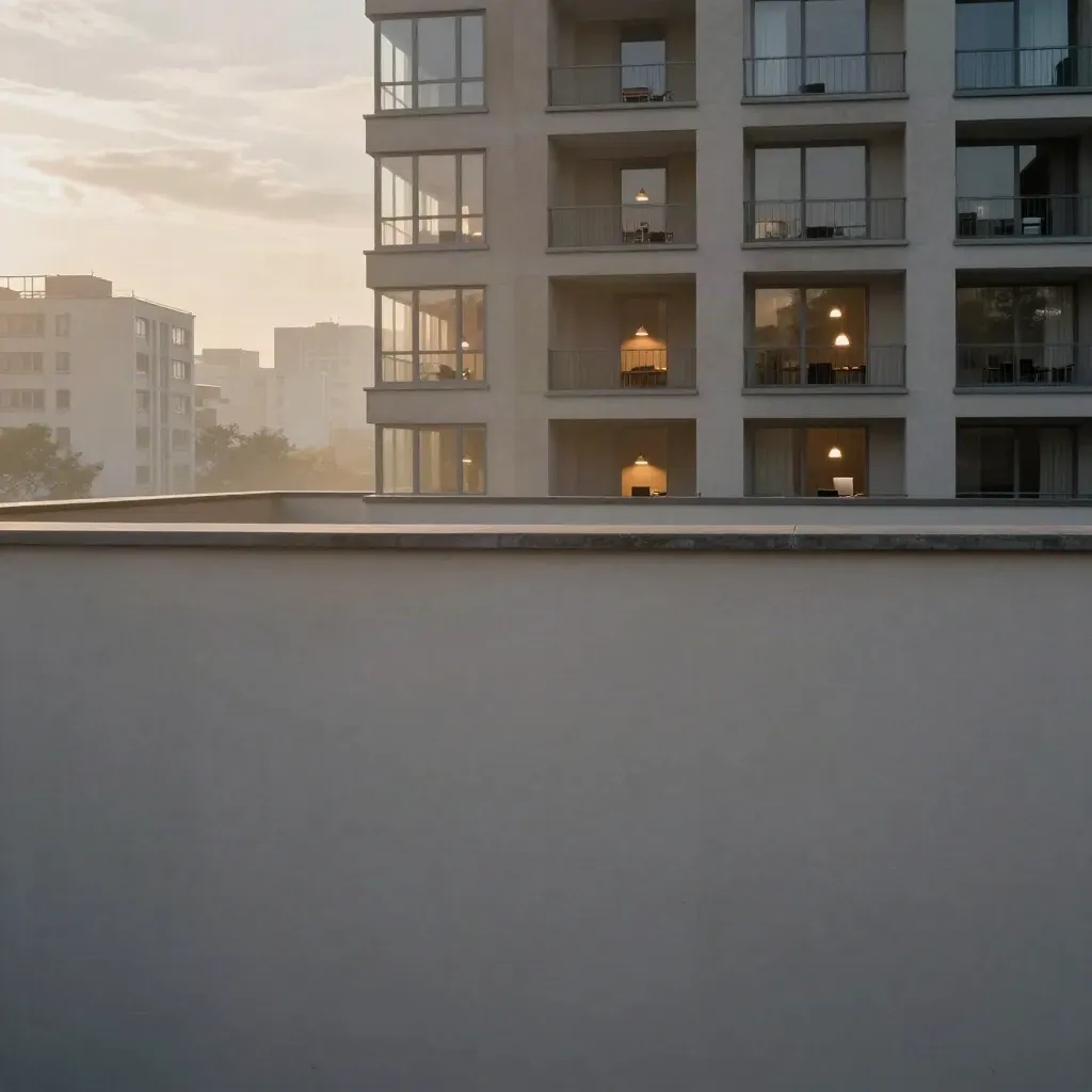 Soft dawn city windows and haze above a calm neutral interior ledge