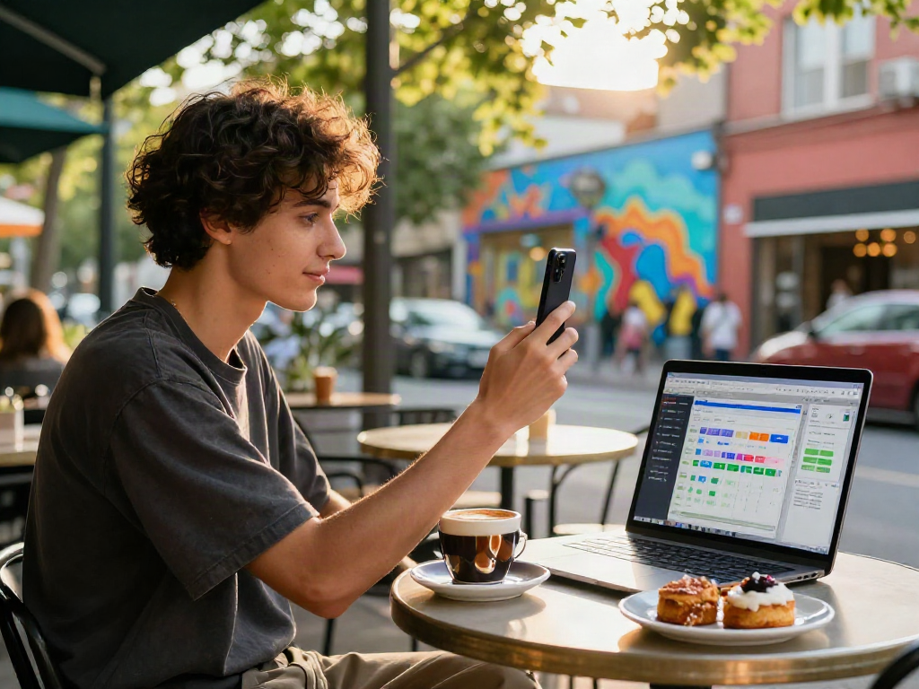Young adult conducting an attractiveness test at an urban café, smartphone in hand.