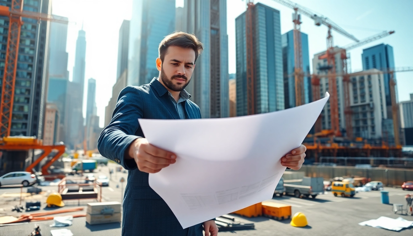 New York City Construction Manager analyzing blueprints at a vibrant construction site.