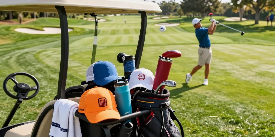 Branded golf balls soaring through the air on a sunny golf course with vibrant accessories.